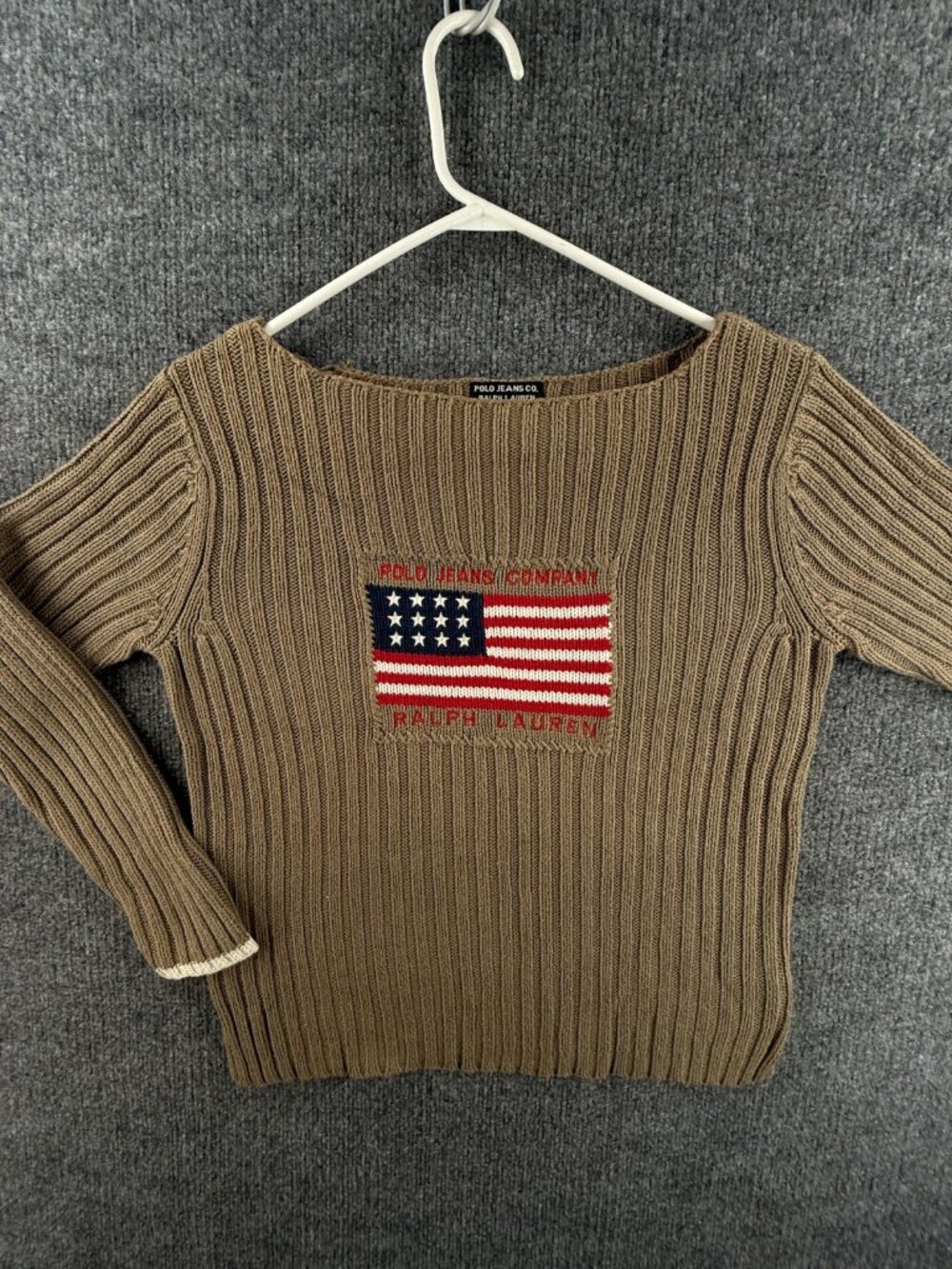 Polo Jeans Company Ralph Lauren Flag Sweater Brown Green Ribbed Medium Cotton